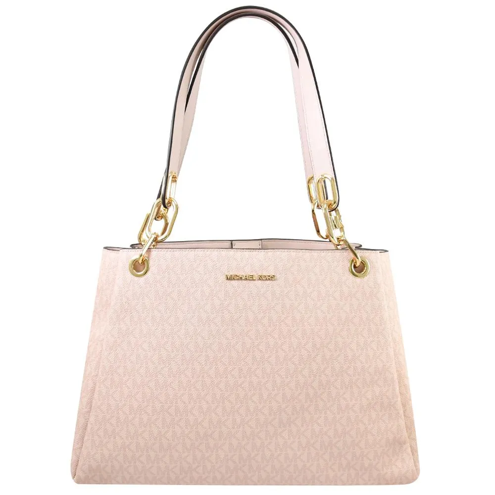 MICHAEL KORS TRISHA 金字Logo滿版MK咖啡X馬鞍棕色防刮三層斜背包 歷史價格詳細信息