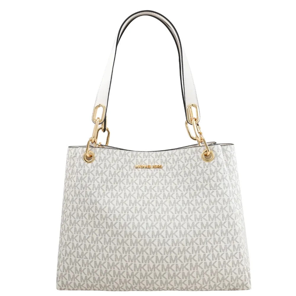 MICHAEL KORS TRISHA 金字Logo滿版MK咖啡X馬鞍棕色防刮三層斜背包 歷史價格詳細信息