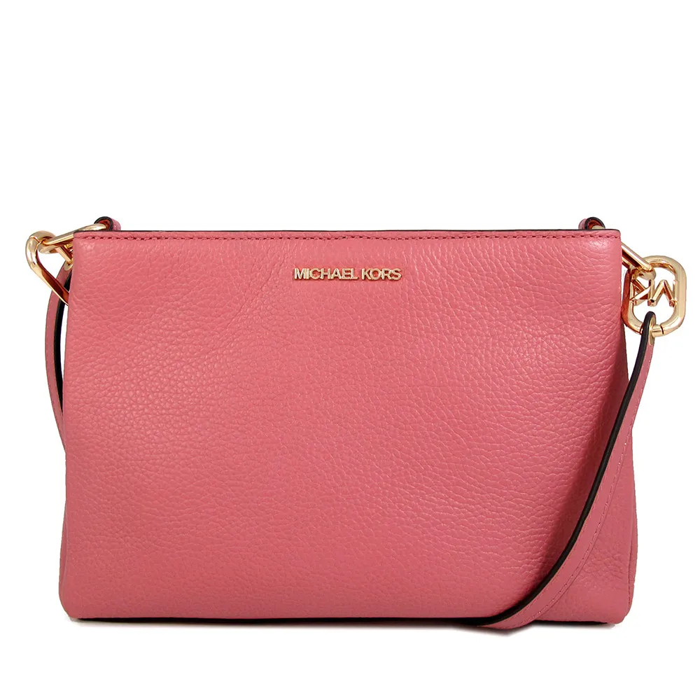 MICHAEL KORS TRISHA 金字Logo滿版MK咖啡X馬鞍棕色防刮三層斜背包 歷史價格詳細信息