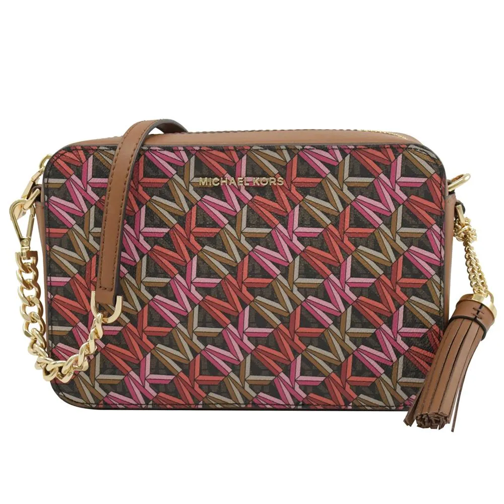 【Michael Kors】MK MICHAEL KORS JET SET EW金字LOGO拉鍊鍊帶造型設計PVC斜背相機包(大/橡子棕x棕) 歷史價格詳細信息