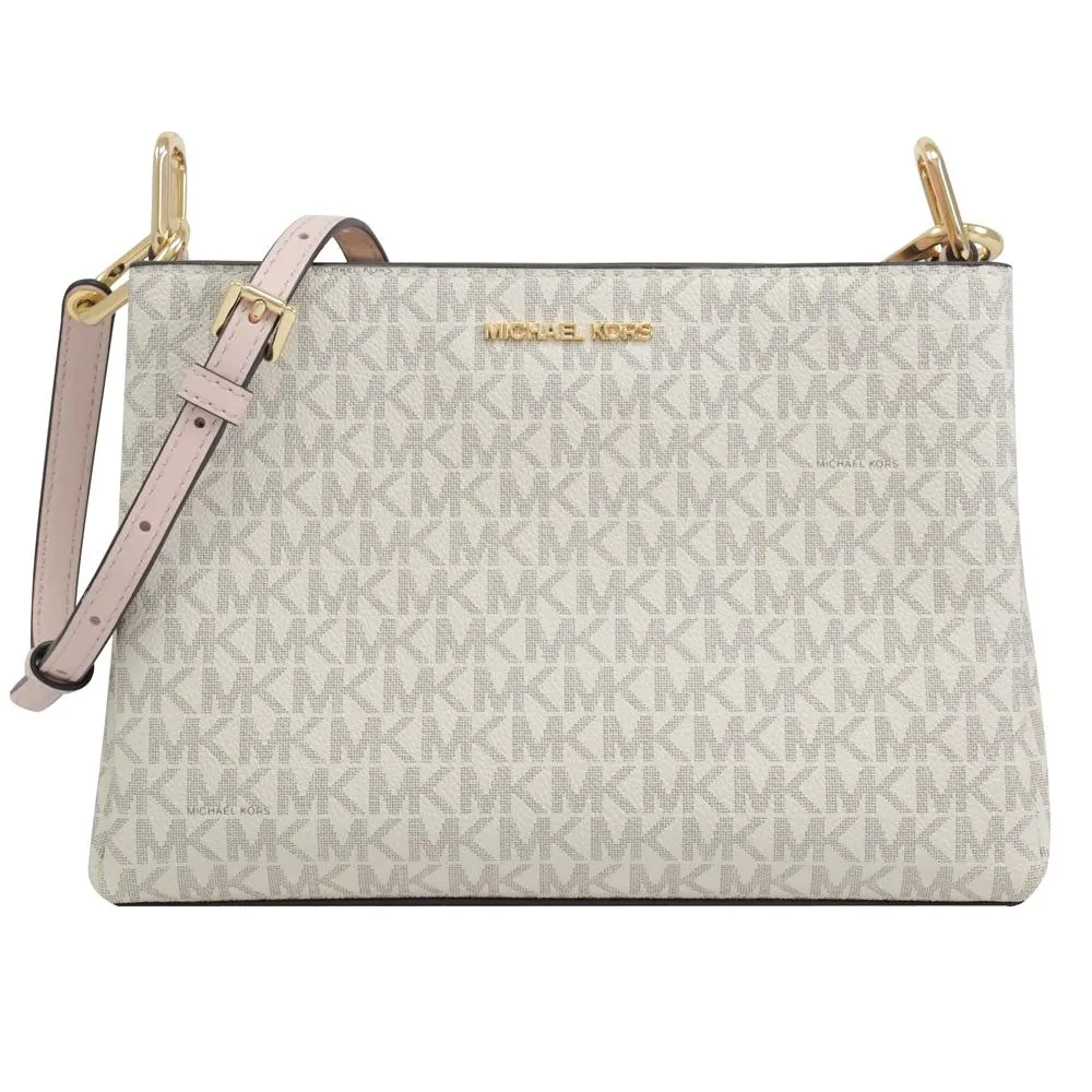 MICHAEL KORS TRISHA 金字Logo滿版MK咖啡X馬鞍棕色防刮三層斜背包 歷史價格詳細信息