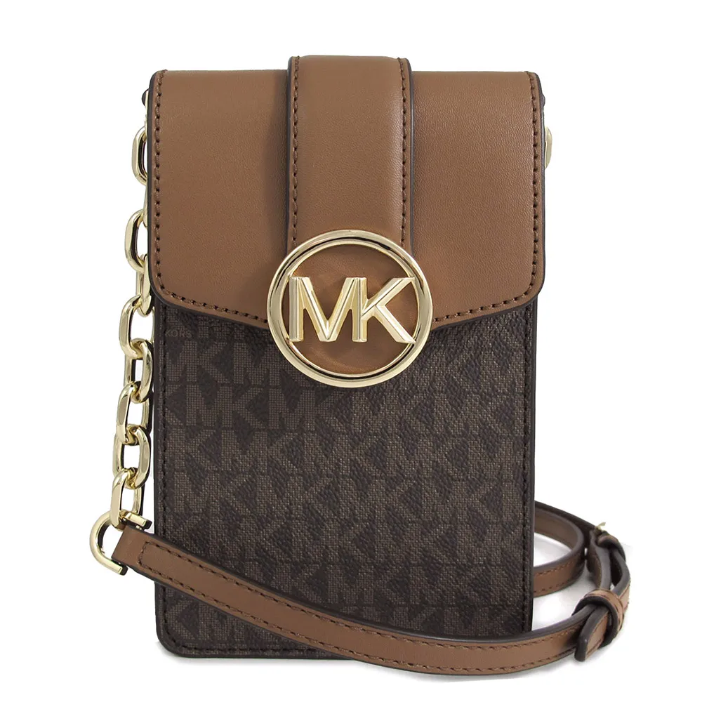 MICHAEL KORS CARMEN 金字大圓標Logo咖啡色防刮滿版金鏈肩背包 歷史價格詳細信息