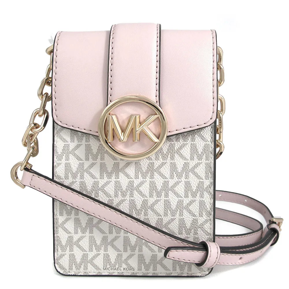 MICHAEL KORS CARMEN 金字大圓標Logo咖啡色防刮滿版金鏈肩背包 歷史價格詳細信息