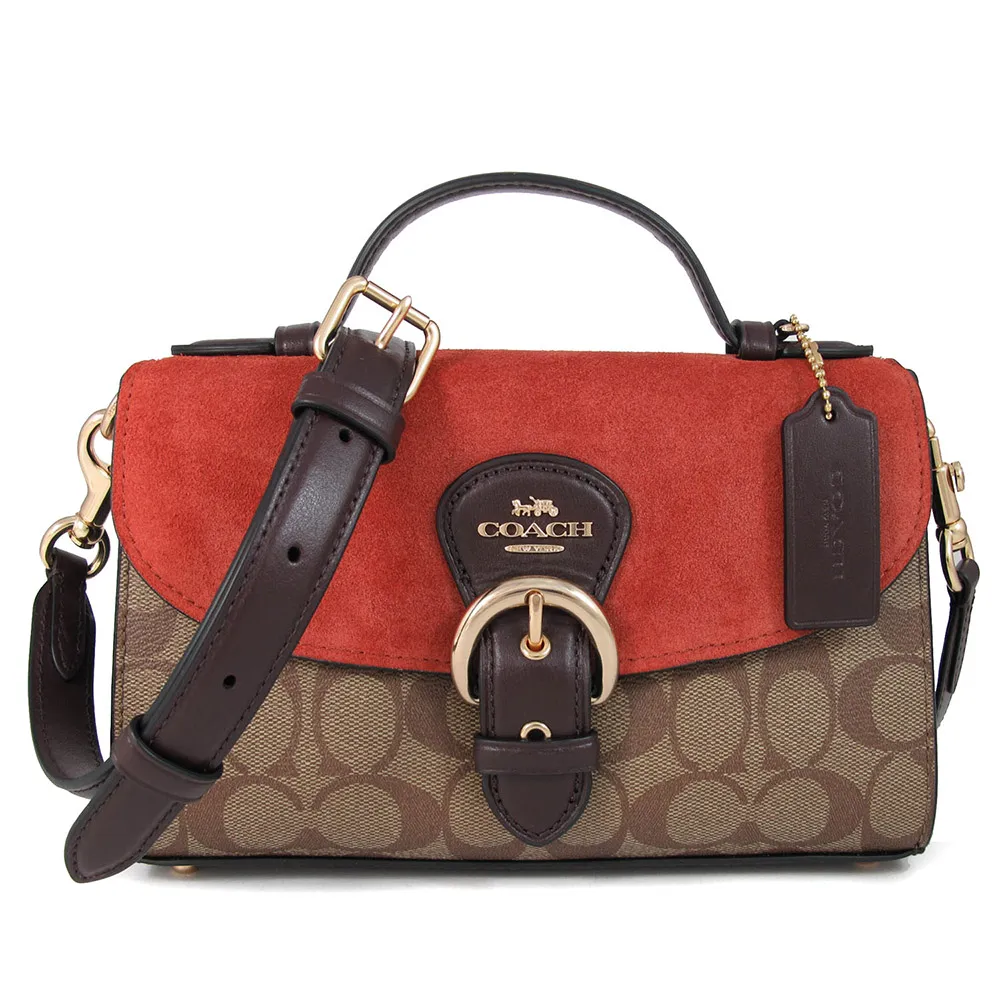 COACH磚橘棕咖字印荔枝紋全皮小款斜背相機包 歷史價格詳細信息