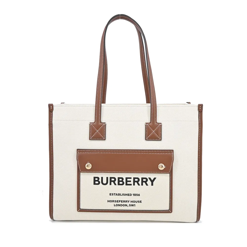 BURBERRY   新款 Freya 帆布拼接皮革中款手提/肩背包(米X冷天藍色) 歷史價格詳細信息