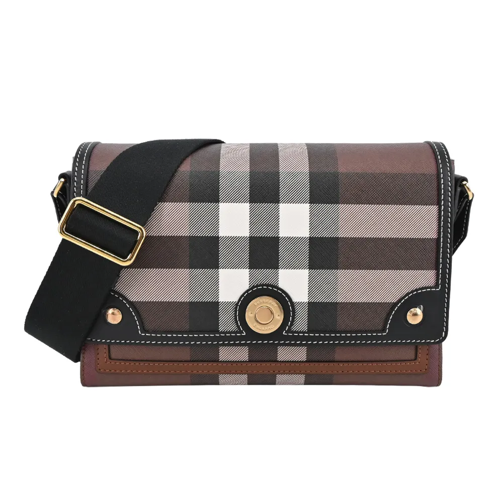 BURBERRY Horseferry格紋帆布飾邊斜背包(暗樺木棕色) 歷史價格詳細信息