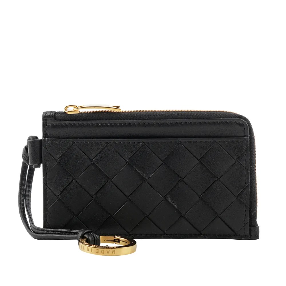 BOTTEGA VENETA L 型銀色拉鍊小牛皮編織附鑰匙釦卡包/零錢包(黑色) 775544 VCPQ3 8803 歷史價格詳細信息