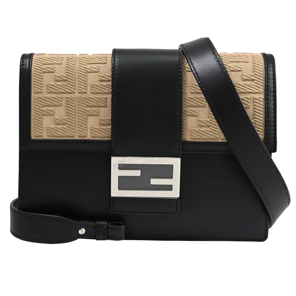 FENDI 7VA524 Flat Baguette 印花牛皮翻蓋斜背包.黑灰 歷史價格詳細信息