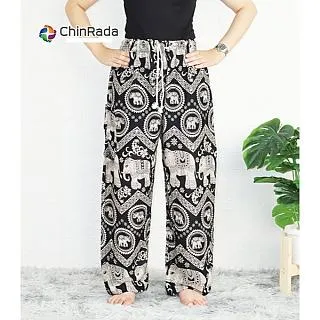 Chinrada 孔雀羽毛圖騰 女式開衩闊腿褲 - 黑色（無尺碼） 歷史價格詳細信息