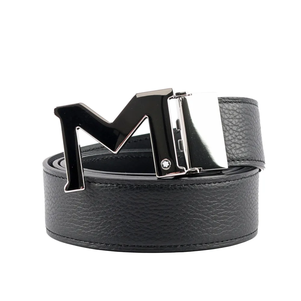 MONT BLANC 銀色馬蹄釦木紋牛皮寬4cm皮帶(黑色) 131172 歷史價格詳細信息