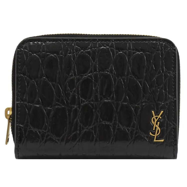 YSL 635264 鱷魚壓紋小牛皮簡易釦式卡片零錢包.黑 歷史價格詳細信息