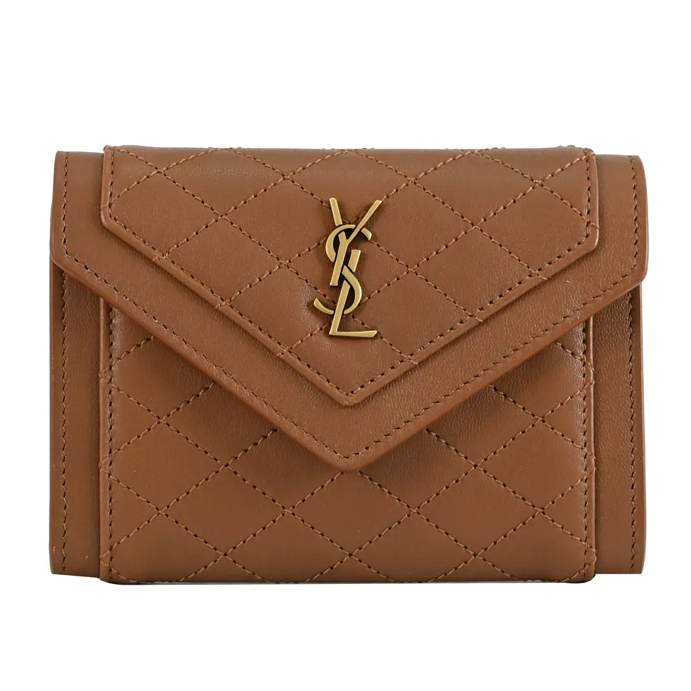 YSL 734912 經典LOGO菱格縫線羊皮扣式卡片零錢包.咖 歷史價格詳細信息