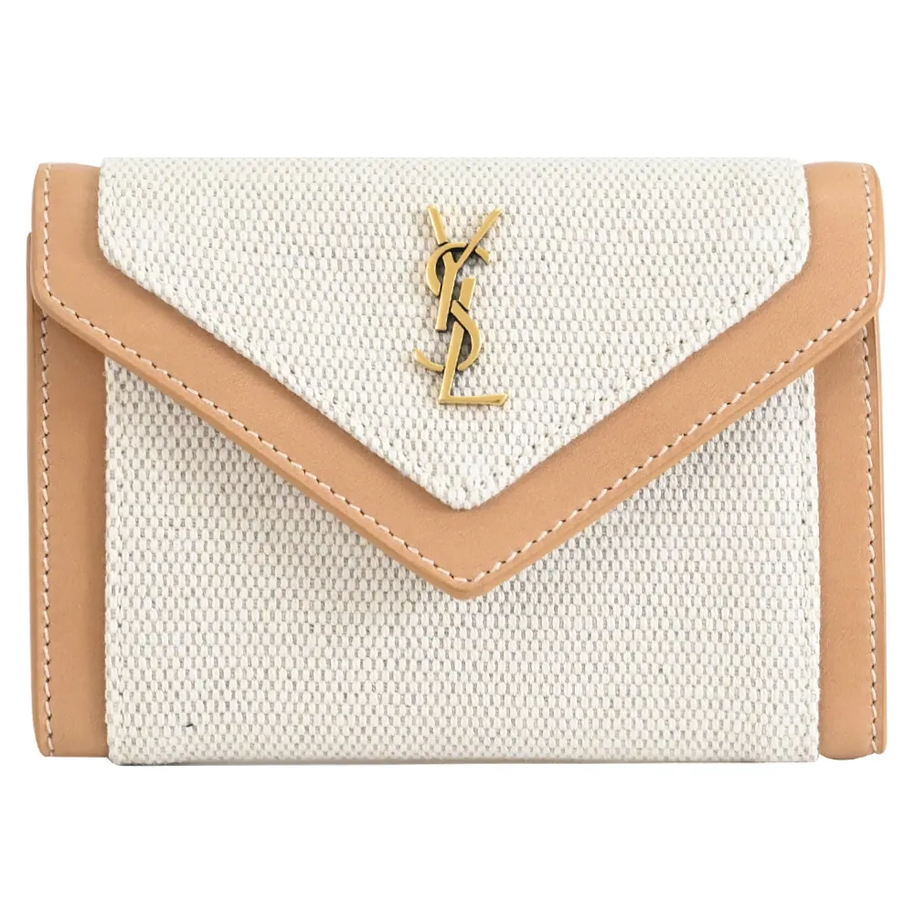 YSL 738070 經典LOGO帆布拼接扣式卡片零錢包.米/咖 歷史價格詳細信息