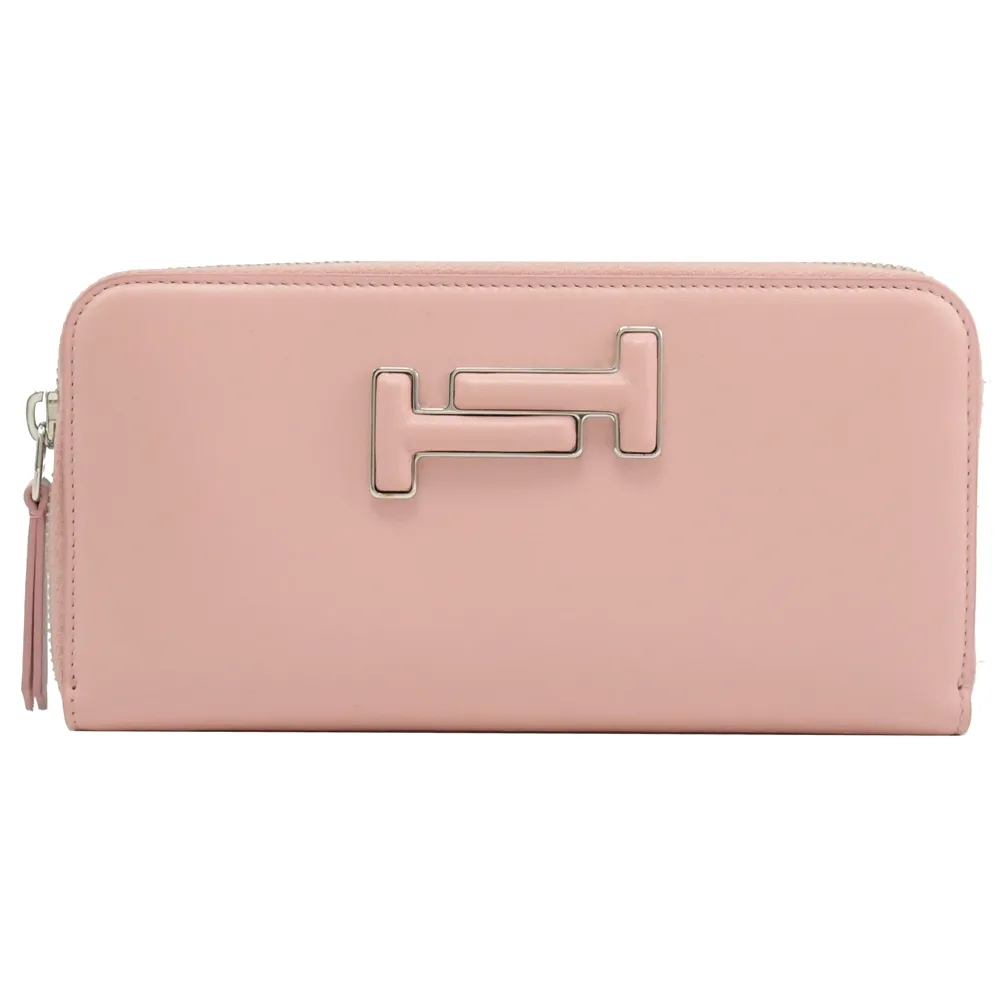 TODS DOUBLE T金屬LOGO小牛皮翻蓋釦式長夾.紅 歷史價格詳細信息