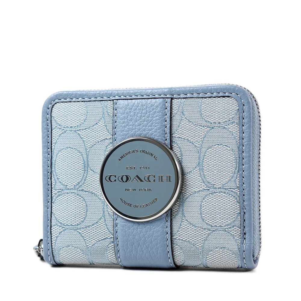 COACH 短夾 藍色 LOGO款 大雙C 經典 狀況好  織布搭配真皮滾邊 中夾 零錢包 歷史價格詳細信息