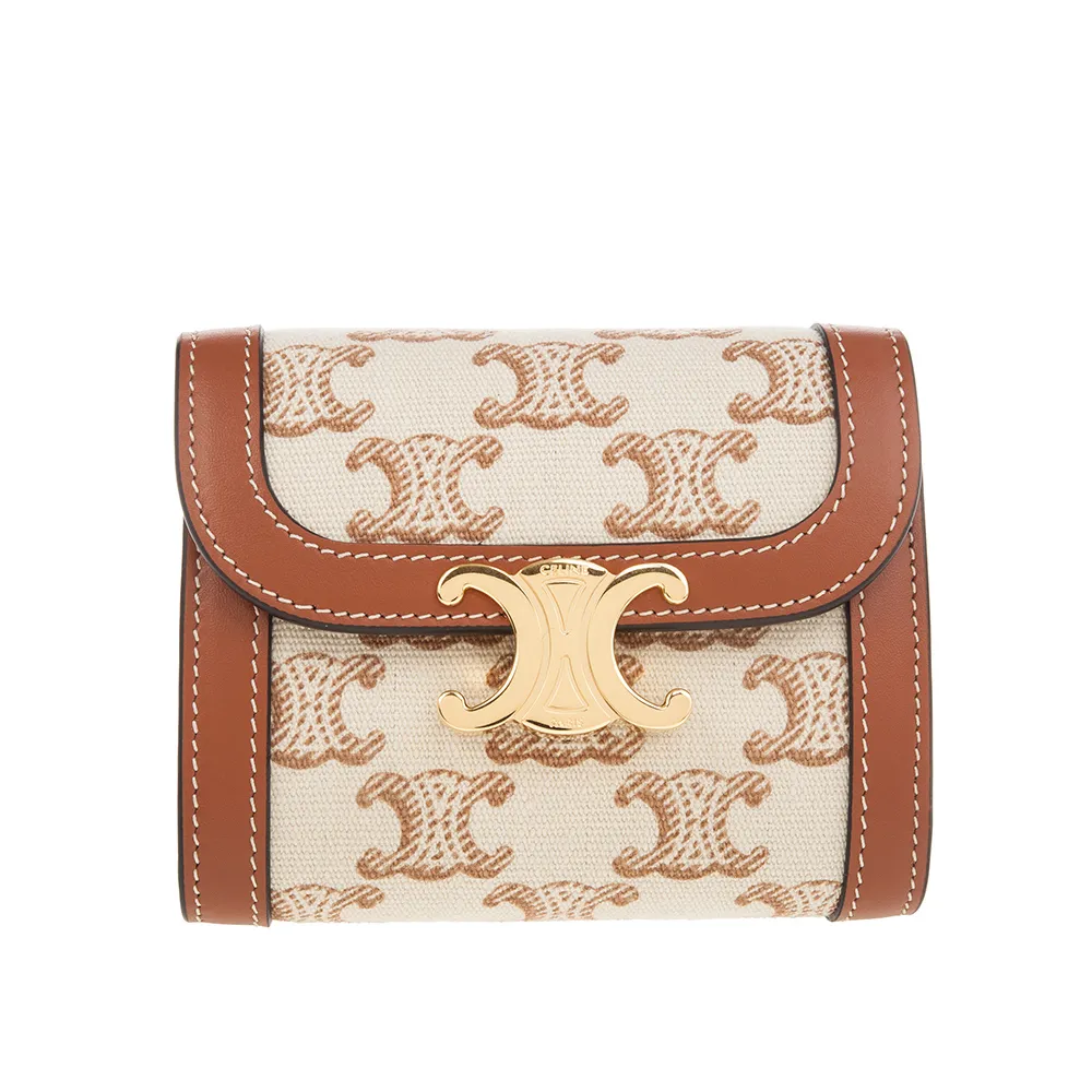CELINE 新款TRIOMPHE 帆布凱旋門LOGO金釦對折短夾 (米棕色) 歷史價格詳細信息