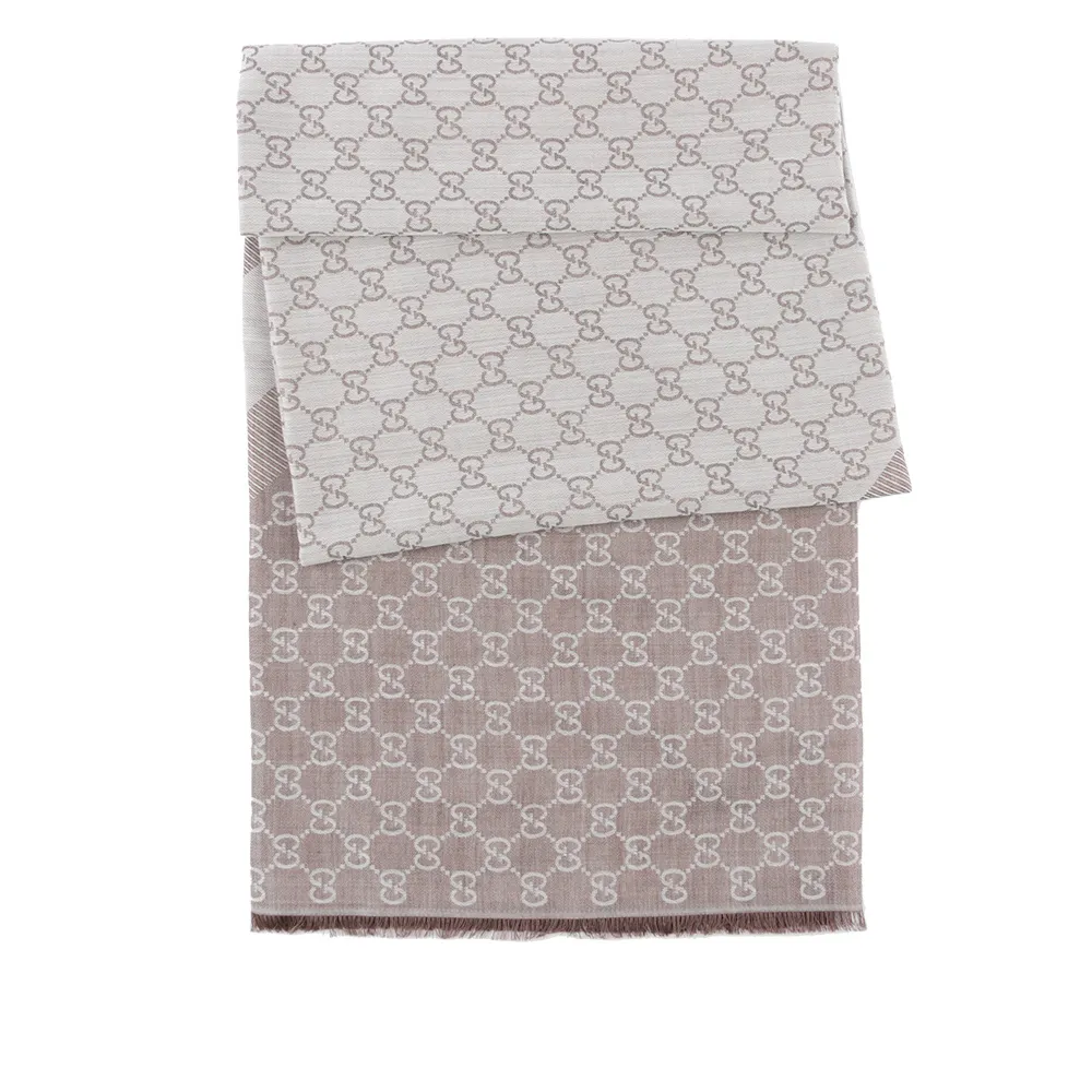 GUCCI GG Logo 羊毛混絲雙色披肩/圍巾(棕褐色/藍紫色) 281942 3G704 2869 歷史價格詳細信息