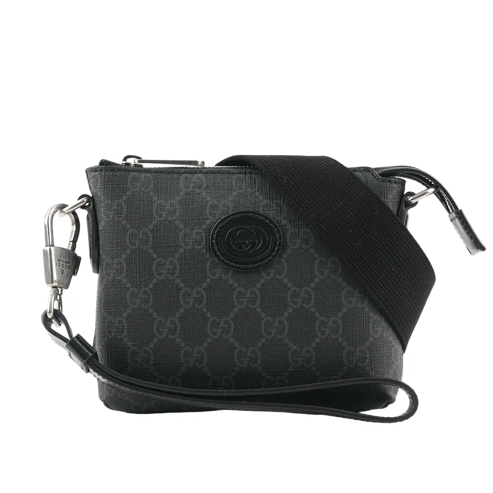 GUCCI Interlocking G Logo 塗層帆布及皮革單肩後背包/胸口包(米色/烏木色) 696016 92THG 8563 歷史價格詳細信息