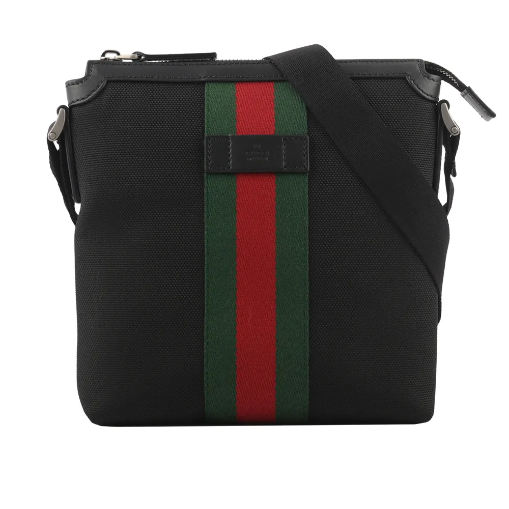 GUCCI 631195 經典綠紅綠織帶帆布斜背包.黑 小 歷史價格詳細信息