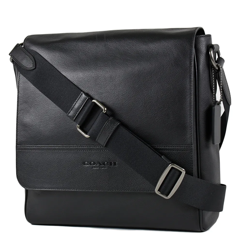 COACH 男款 荔枝紋前拉鍊真皮斜背包-黑色 歷史價格詳細信息