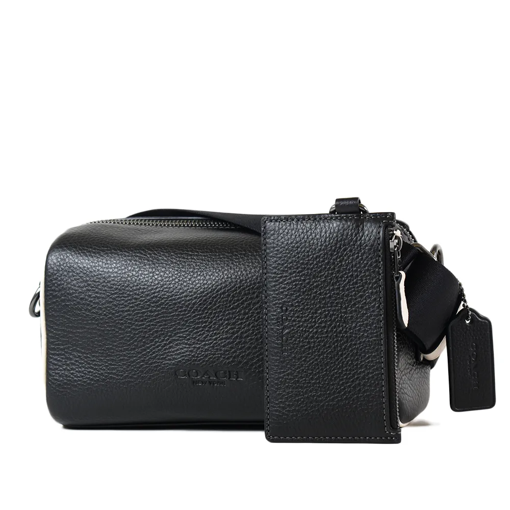 COACH 男款 荔枝紋前拉鍊真皮斜背包-黑色 歷史價格詳細信息
