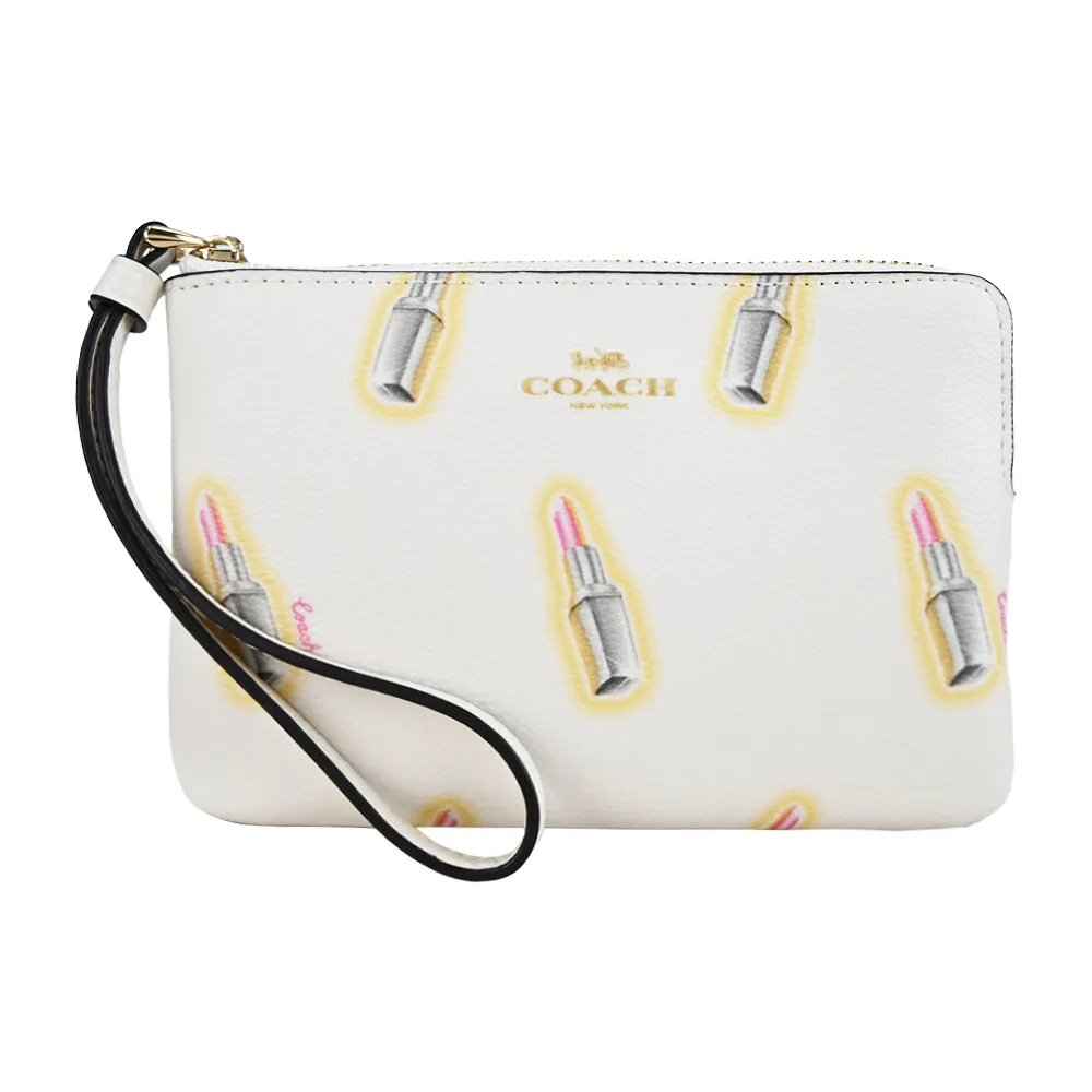 COACH 燙金馬車LOGO格子印花PVC拉鍊手拿包(卡其白) 歷史價格詳細信息