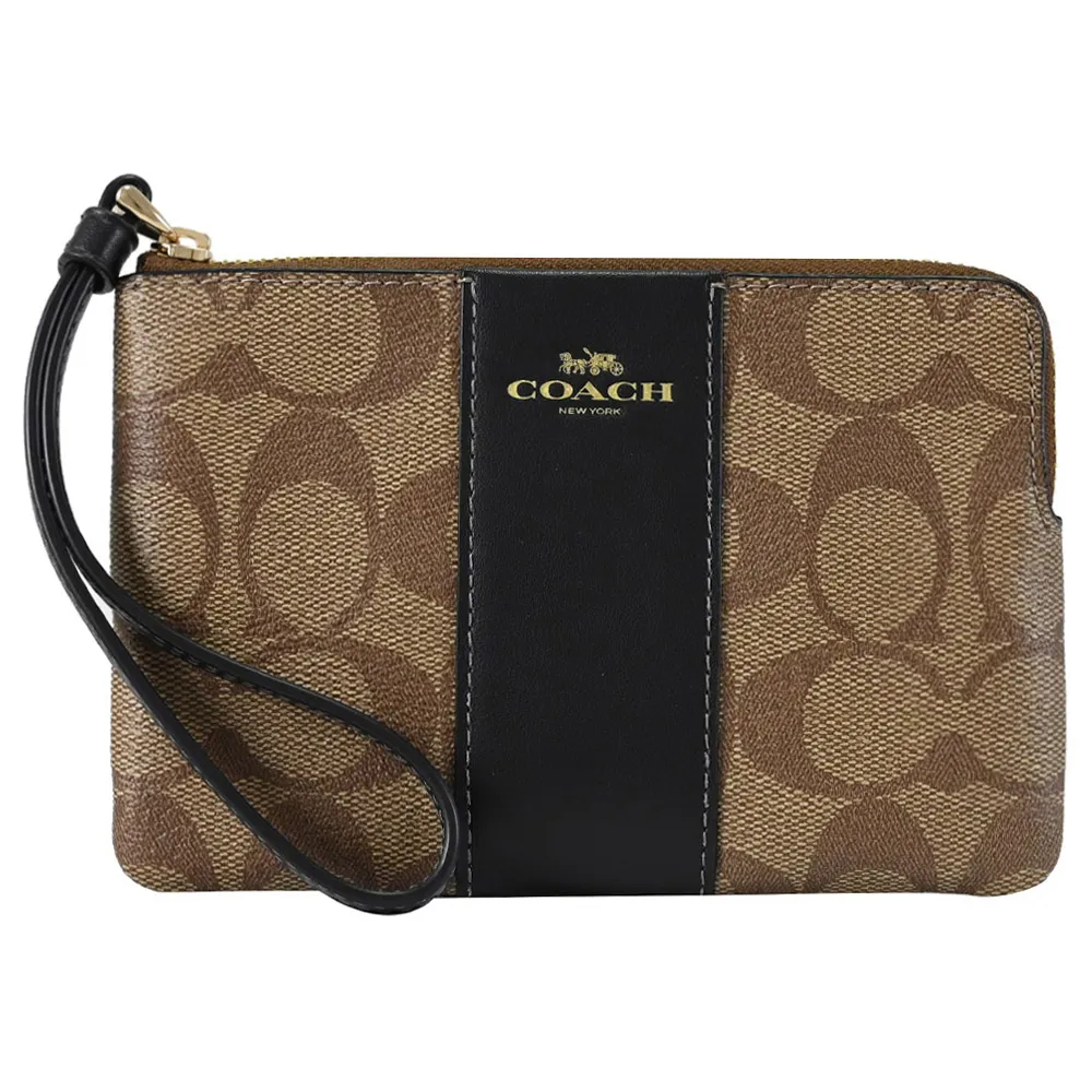 【COACH】COACH  Corner銀字LOGO緹花PVC 7卡釦式零錢中夾(炭黑x黑) 歷史價格詳細信息