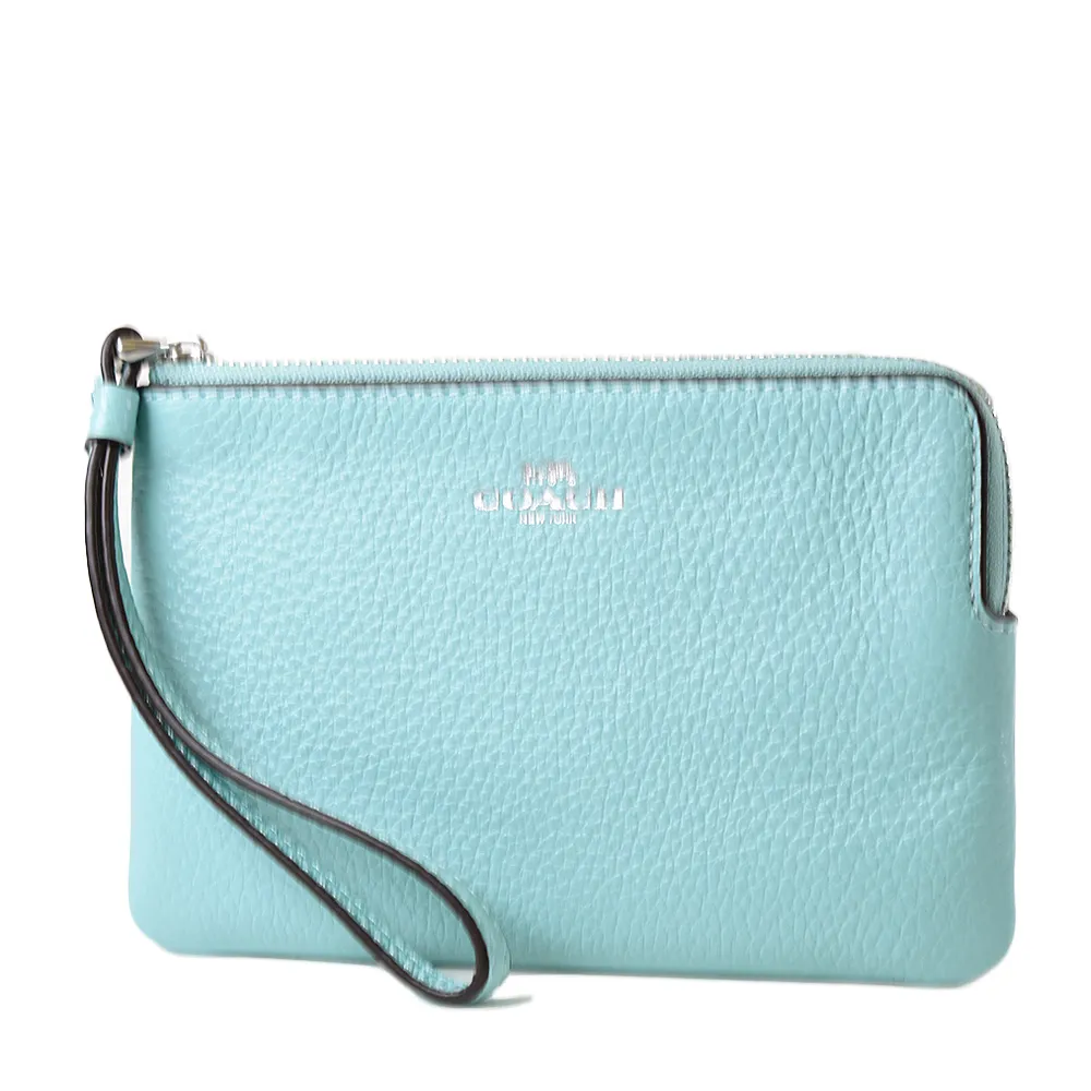 COACH 銀字緹花LOGO防刮皮革釦式拉鍊袋短夾-單寧藍 歷史價格詳細信息