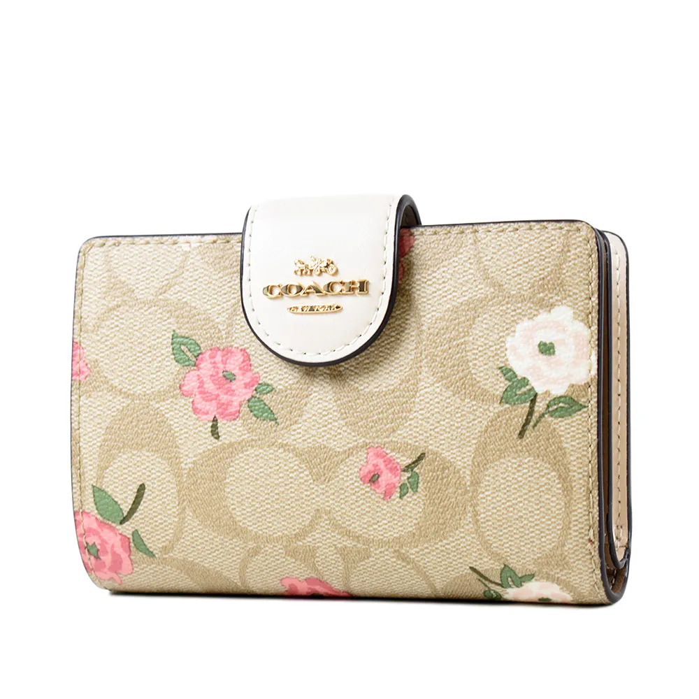 COACH 花朵緹花LOGO防刮皮革釦式掛帶手機包/長夾-白色 歷史價格詳細信息