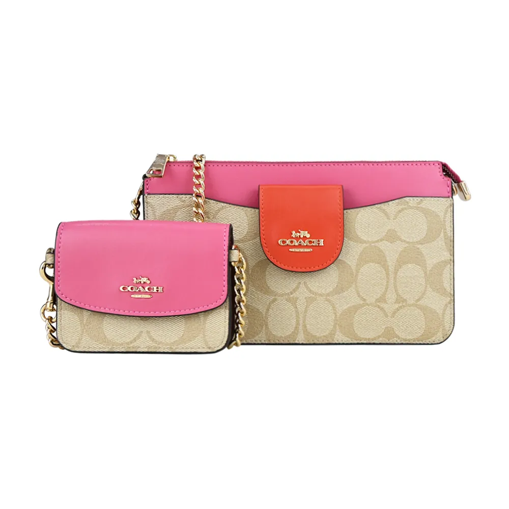 COACH C LOGO皮革大型手拿包+雙吊飾禮盒組-卡其 歷史價格詳細信息