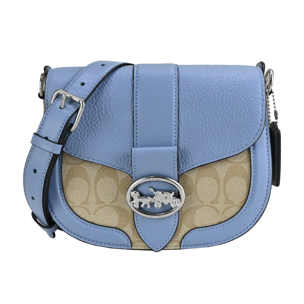 COACH GEORGIE浮雕馬車牛皮拼接緹花金屬鍊帶肩背/斜背兩用包(卡其淺藍) 歷史價格詳細信息