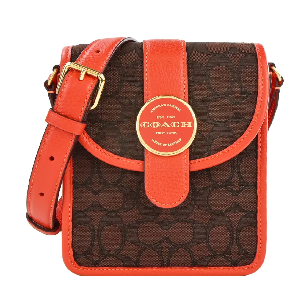 COACH 新款轉扣前口袋拼接PVC皮革雙層手提斜背兩用包(小/卡其x棕白) 歷史價格詳細信息