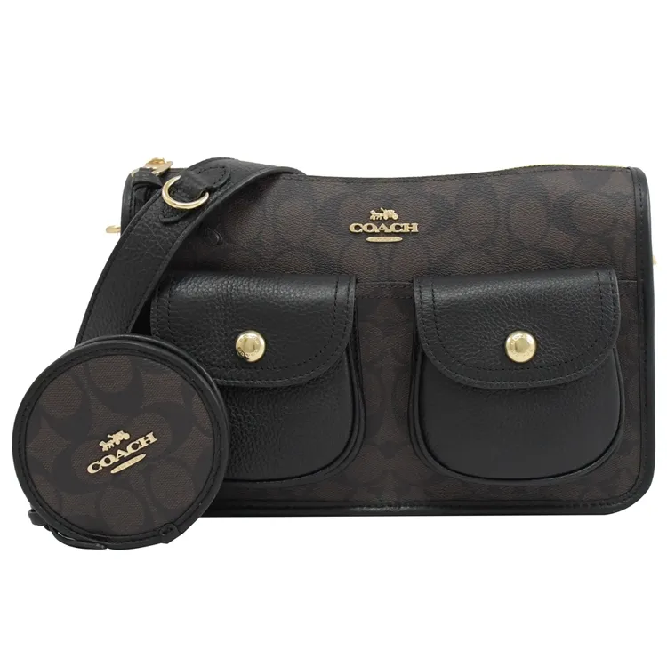 COACH C5275 新款C印花帆布拼接迷你圓餅相機包.深咖 歷史價格詳細信息