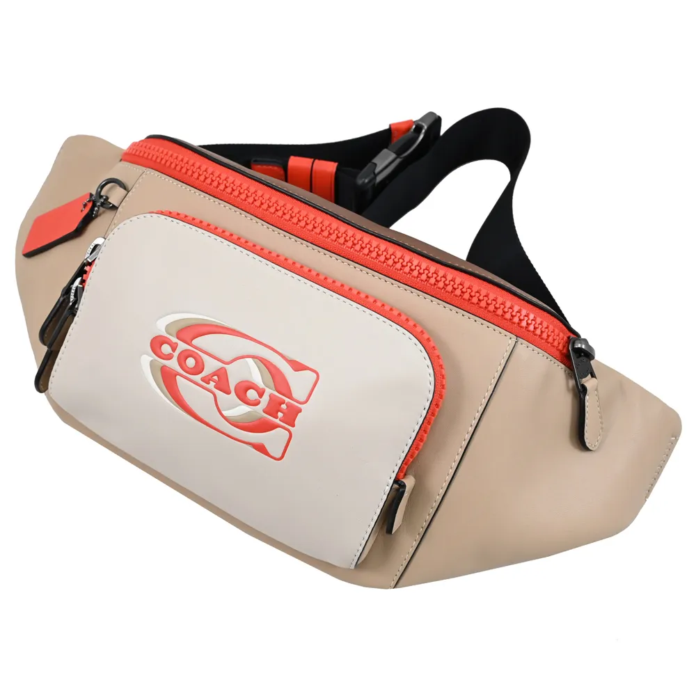 COACH 壓印LOGO撞色緹花織布肩背斜背二用包(卡其X橘黃) 歷史價格詳細信息