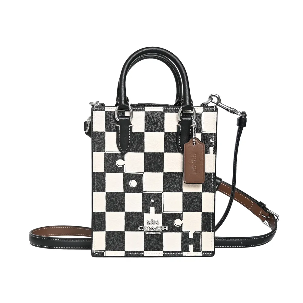 COACH黑白千鳥紋圖印鍊帶頸掛斜背方型卡夾零錢小廢包 歷史價格詳細信息