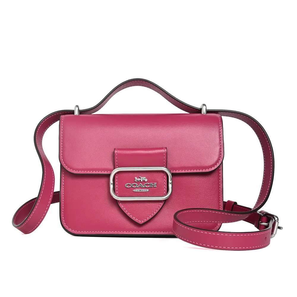 COACH桃紅鉚釘全皮鍊帶頸掛斜背方型卡夾零錢小廢包 歷史價格詳細信息