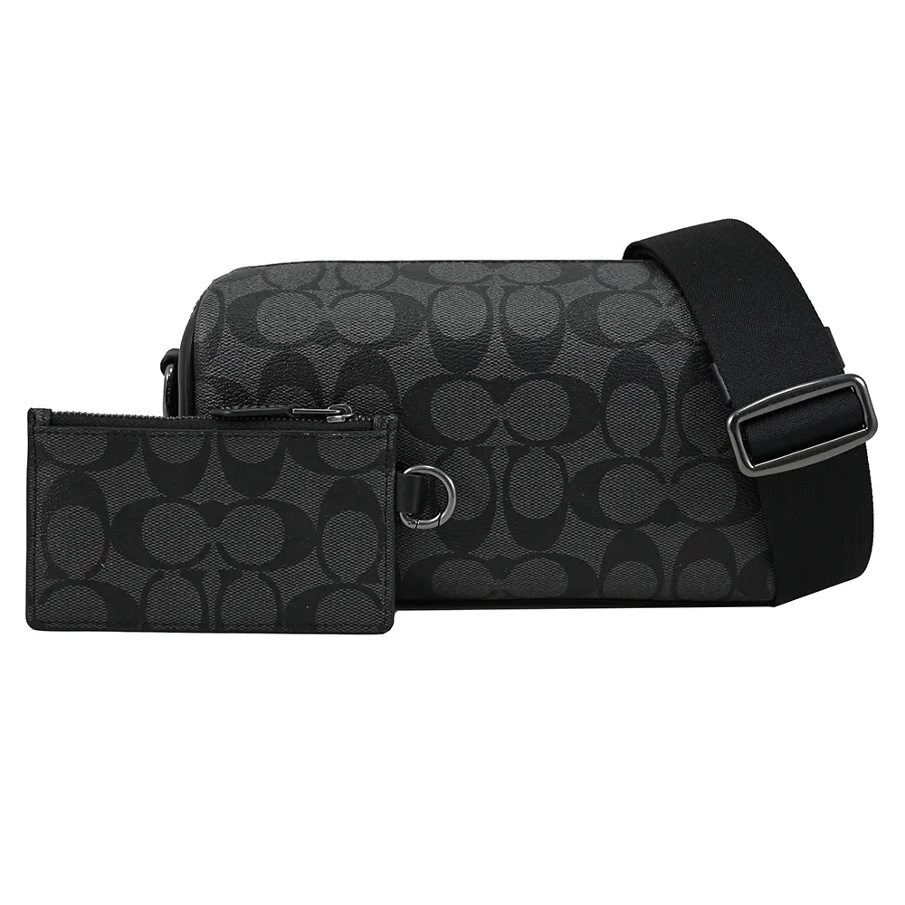 COACH Axel黑灰C Logo單寧織布掛扣零錢袋立體磚型斜背包 歷史價格詳細信息