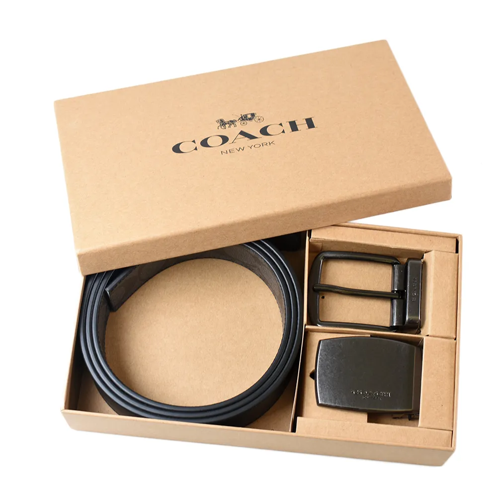 【COACH】男款 緹花LOGO鐵灰雙釦頭雙面用寬版皮帶禮盒組-卡其色/黑色 歷史價格詳細信息