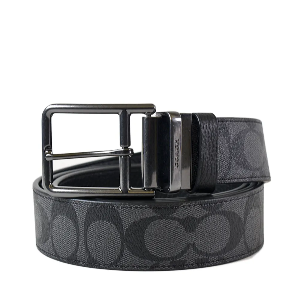 【COACH】男款 緹花LOGO鐵灰雙釦頭雙面用寬版皮帶禮盒組-卡其色/黑色 歷史價格詳細信息