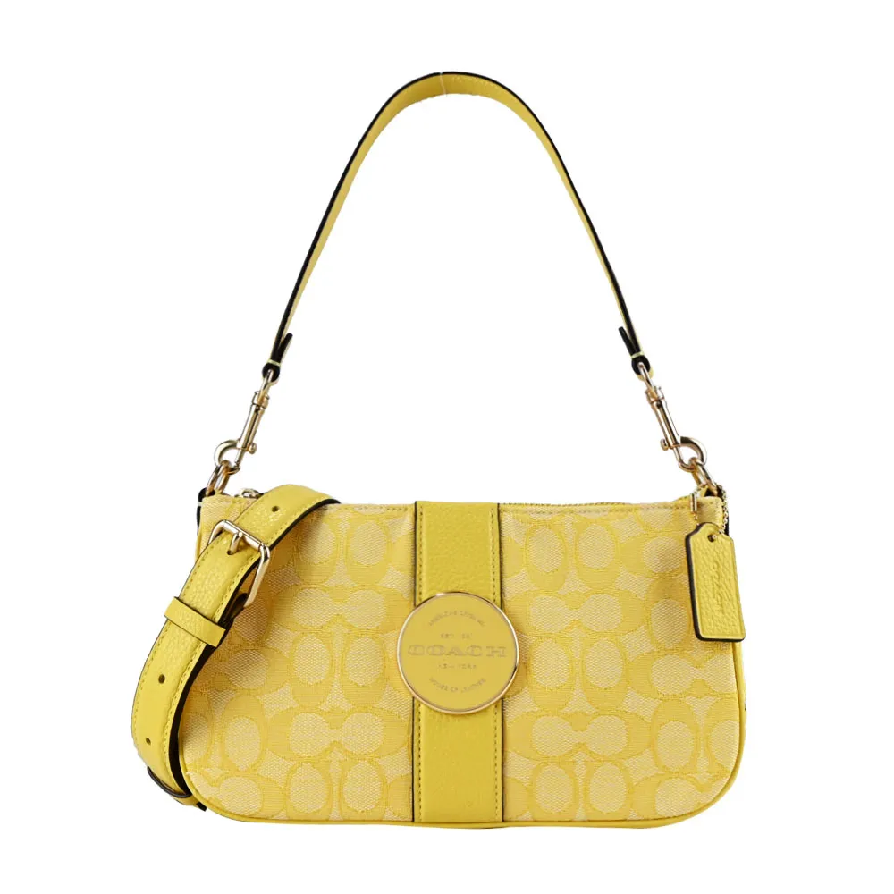 COACH 新款轉扣前口袋拼接PVC皮革雙層手提斜背兩用包(小/卡其x棕白) 歷史價格詳細信息