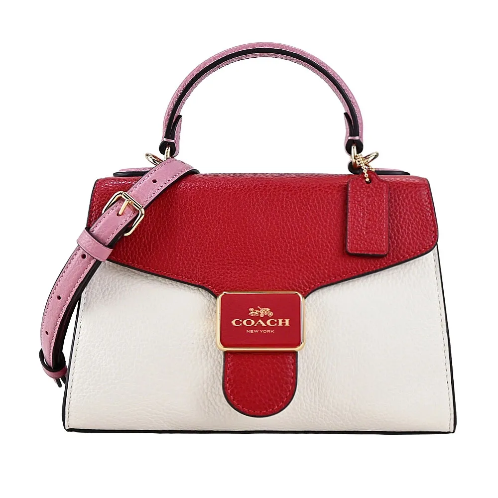COACH 新款馬車LOGO前翻蓋口袋撞色皮革拼接蛇紋提把手提/斜背兩用包(卡其粉筆白) 歷史價格詳細信息