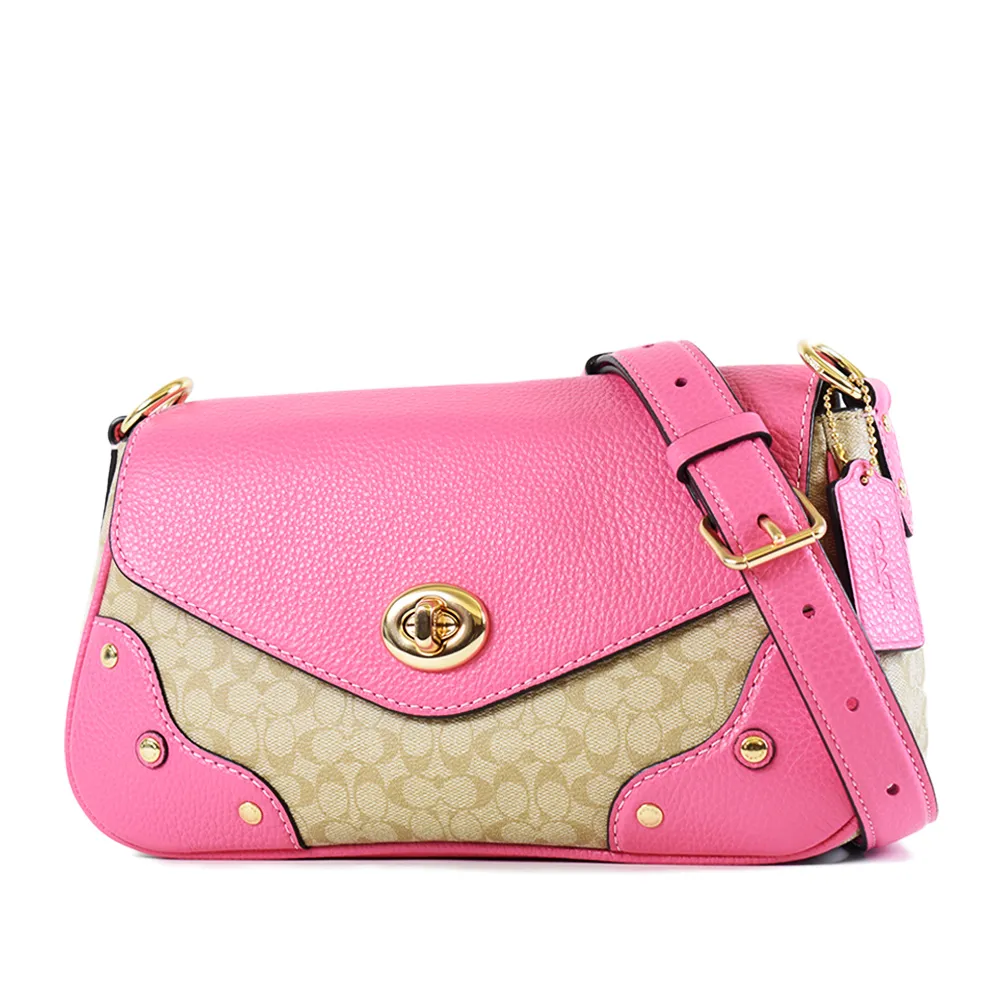 COACH 鉚釘翻蓋皮革拼接PVC鍊帶斜背包(咖啡黑) 歷史價格詳細信息