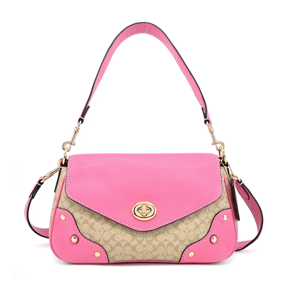 COACH MILLIE 轉釦牛皮拼接PVC肩/斜背兩用包(卡其木紅) 歷史價格詳細信息