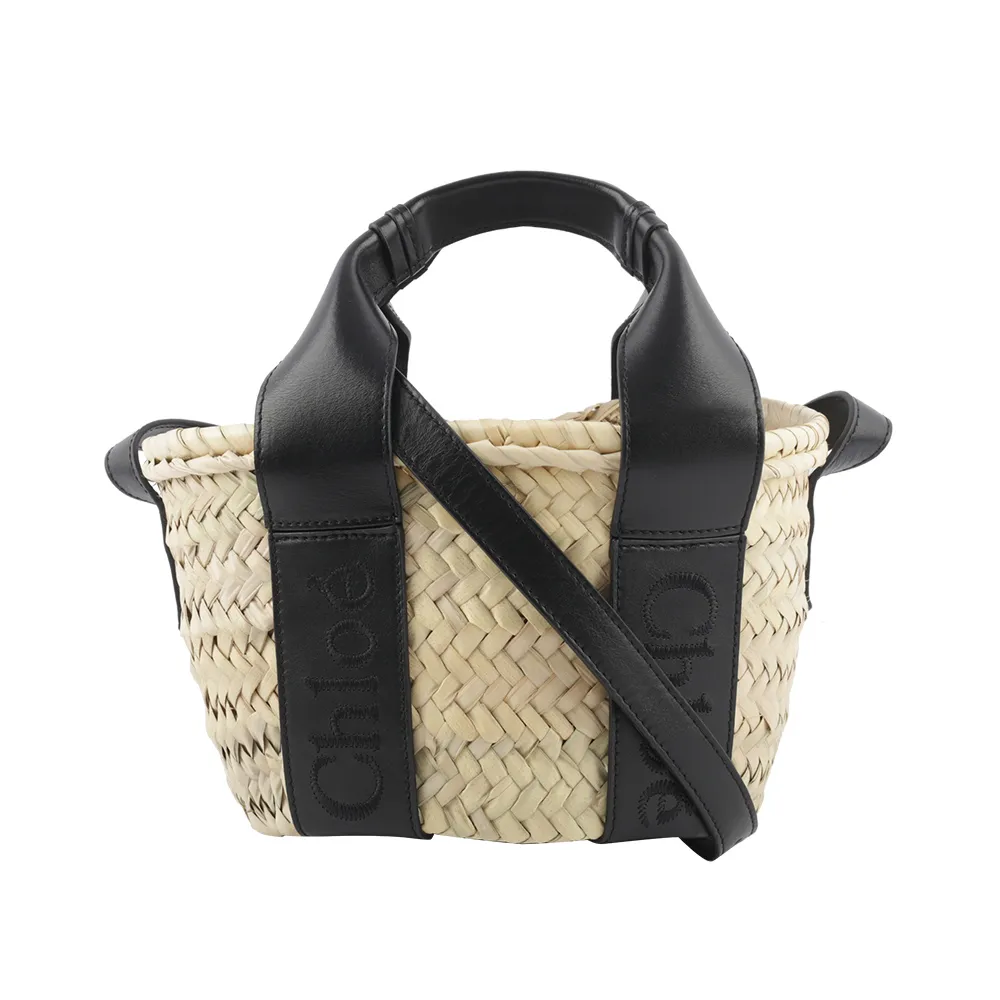 CHLOE Sense 小型 字母刺繡小牛皮拼拉菲草手提/斜背編織包(棕色) 歷史價格詳細信息