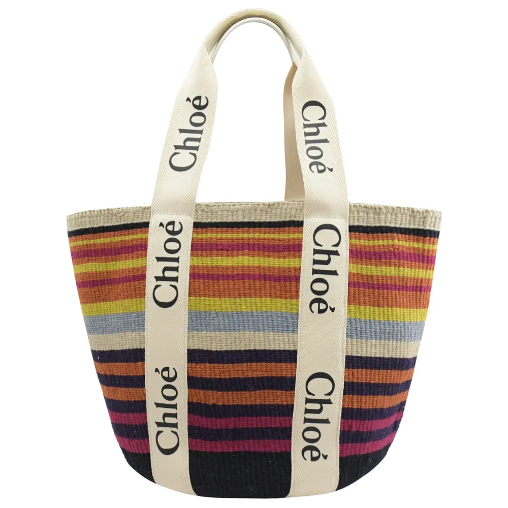 CHLOE Woody LOGO 新版織帶草編托特包.白邊 歷史價格詳細信息