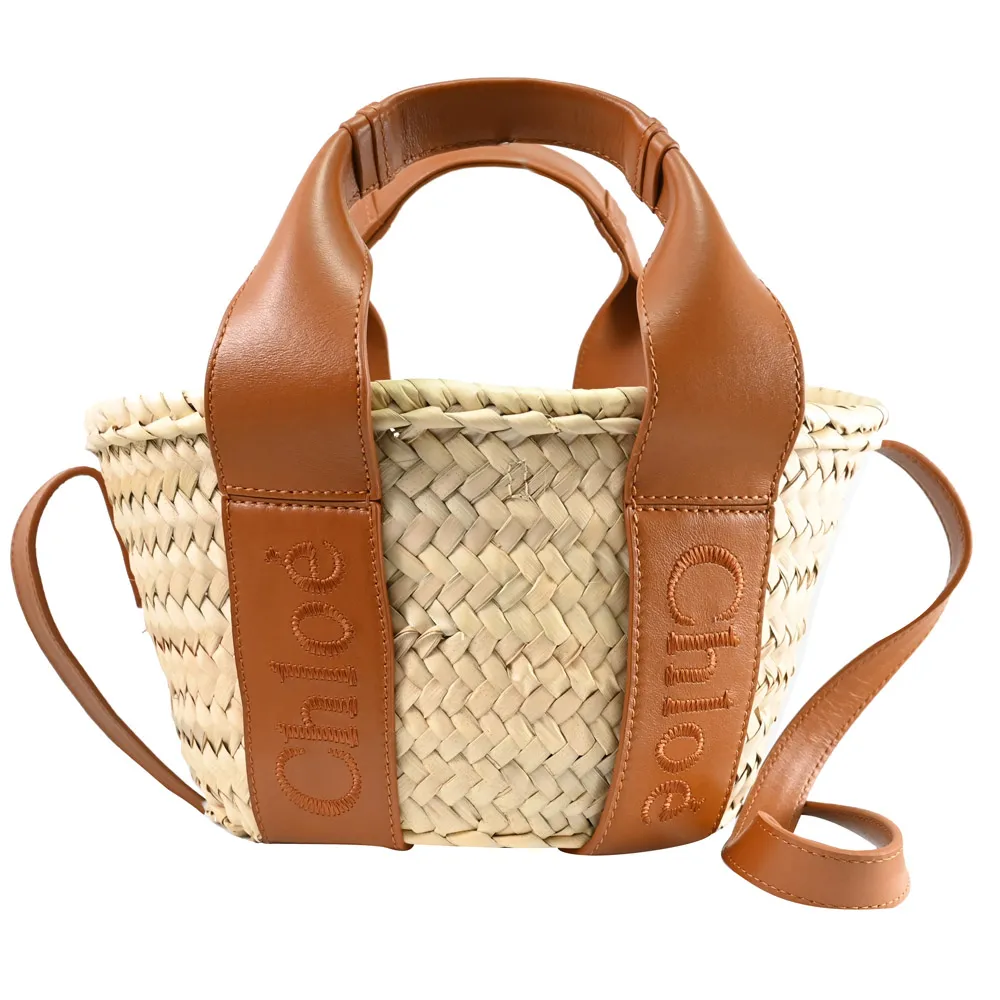 CHLOE Sense 小型 字母刺繡小牛皮拼拉菲草手提/斜背編織包(棕色) 歷史價格詳細信息