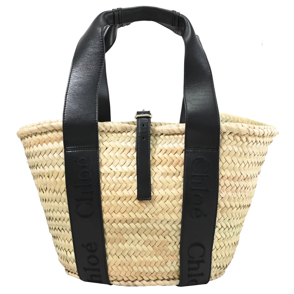 CHLOE Sense 電繡LOGO手提斜背兩用草編包.黑邊 小 歷史價格詳細信息