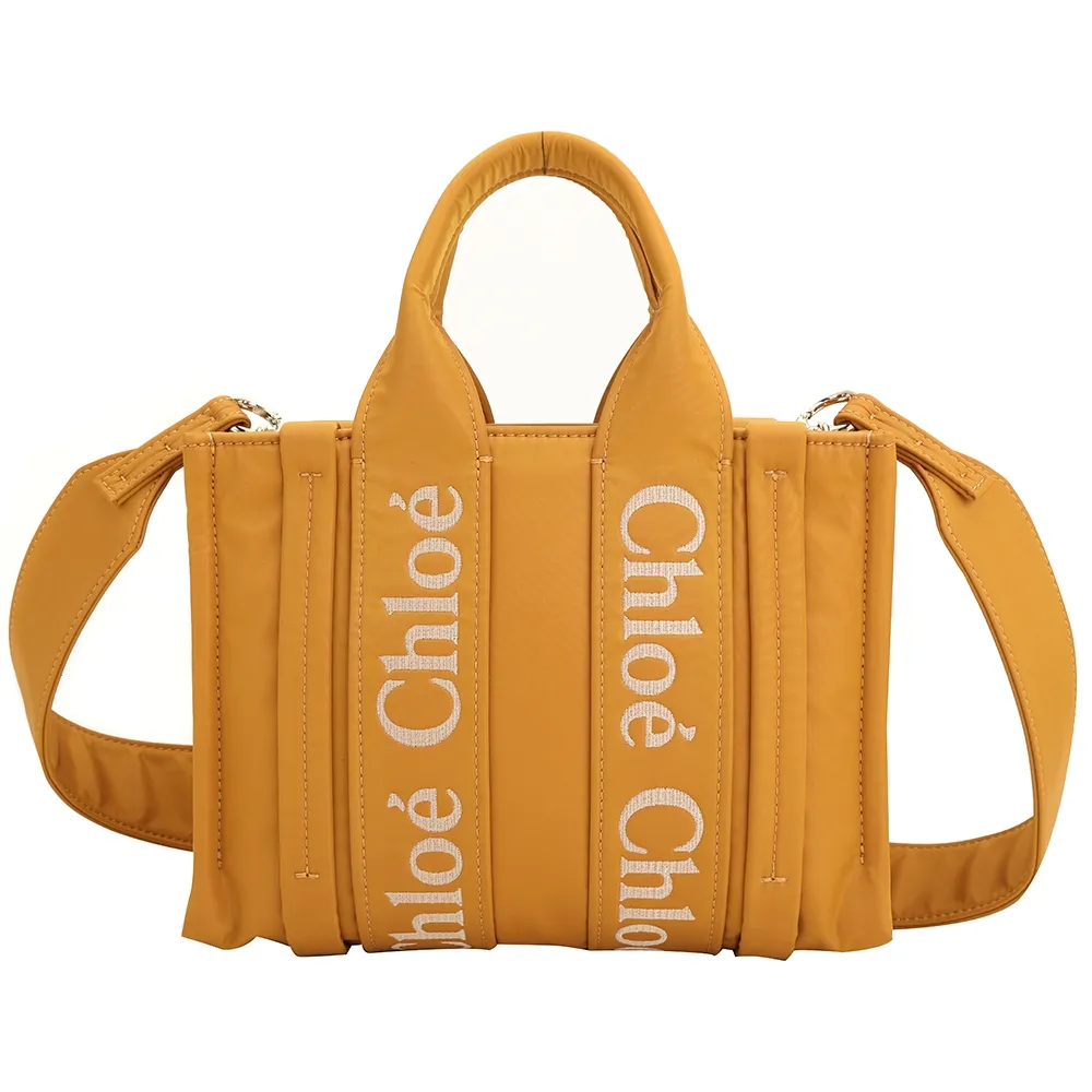 CHLOE Woody 小型 撞色刺繡字母織帶亞麻帆布手提/斜背托特包(黃色) 歷史價格詳細信息