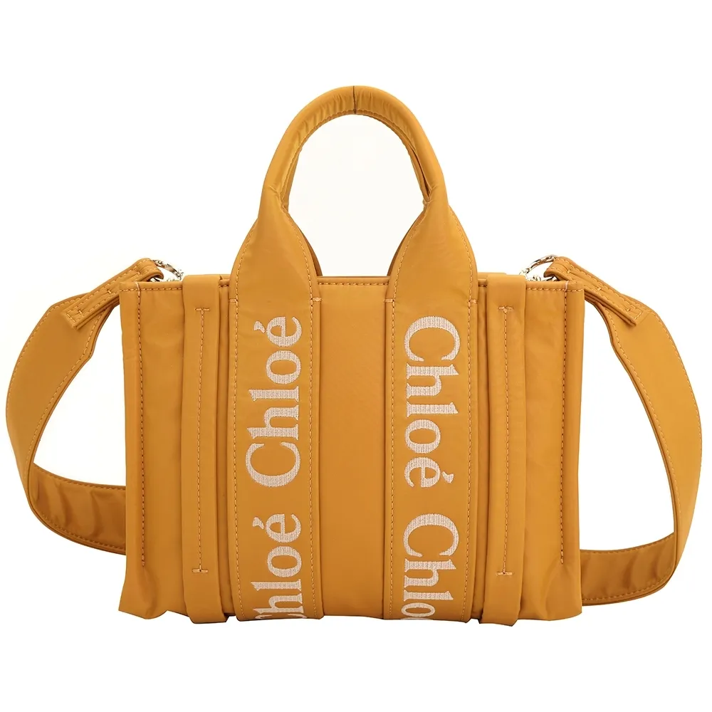CHLOE Woody 小型 撞色刺繡字母織帶亞麻帆布手提/斜背托特包(黃色) 歷史價格詳細信息