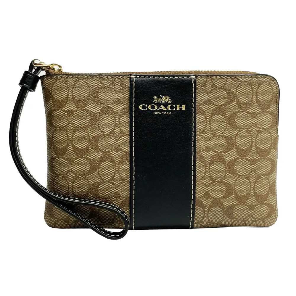 【COACH】C LOGO直紋手掛式拉鍊零錢袋長夾(杏茶烤奶) 歷史價格詳細信息